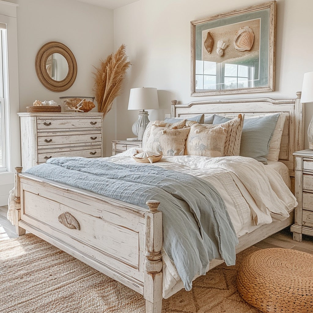 Cozy bedroom interior with a coastal theme, featuring soft light blue linens, coastal decor, and bright, inviting lighting, ideal for vacation rental listings.