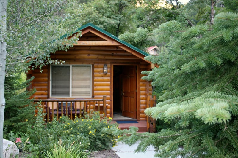 Log cabin nestled in the woods, surrounded by fir trees, featuring a cozy porch with a bench.