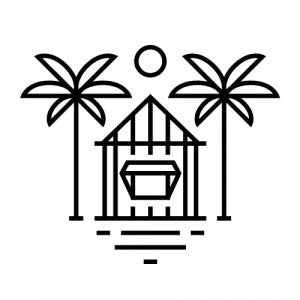 Icon of a vacation home  on the water with palm trees, representing a relaxing getaway destination.