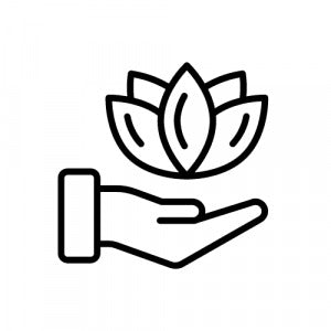 Icon of a caring hand gently holding a plant, symbolizing growth, care, and sustainability.