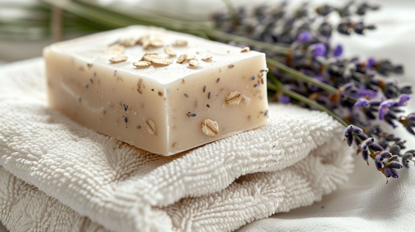 Lavender oatmeal soap resting on a clean, white folded towel, evoking a sense of relaxation and natural wellness.