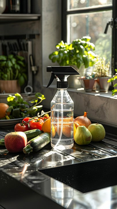 Clear spray bottle surrounded by fresh green plants and produce, representing eco-friendly cleaning products for vacation rentals.