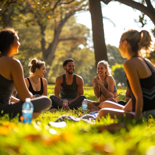 Group of men and women sitting in a circle on a sunny day in the park, participating in a wellness retreat with guided activities and relaxation.