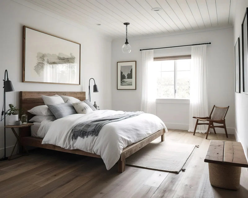 Bedroom with crisp white bedding, light curtains, and natural wood floors, creating a fresh and tranquil space.